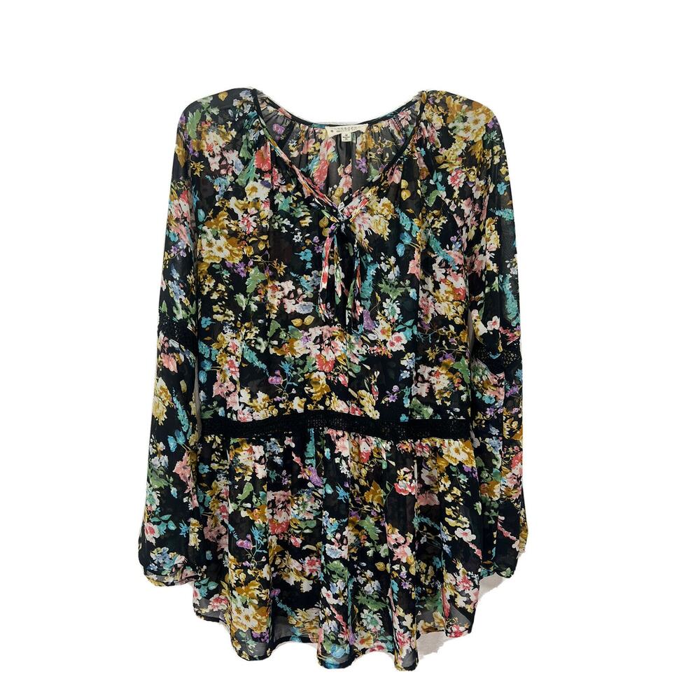 Crescent Women's Floral Blouse Sz Med Crochet Lightweight Semi-Sheer Flowy BoHo